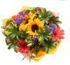 Fall Bouquet Quillu with sunflowers, orange gerberas, yellow alstroemerias, purple statice, and cheflera
