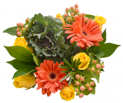 Fall Bouquet Quillu with sunflowers, orange gerberas, yellow alstroemerias, purple statice, and cheflera